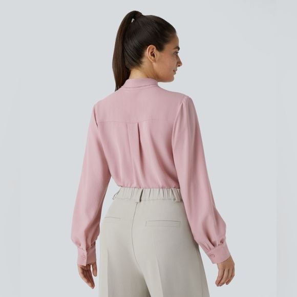 Halara Tie Neck Long Sleeve Button Work Blouse Bleached Mauve Size S NWT - Picture 3 of 6